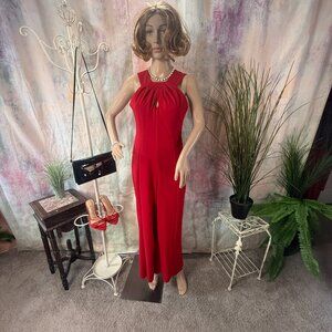 📌Calvin Klein Hot Red Jumpsuit with Keyhole Neckline & Straight-Wide Legs